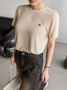 DAZY Camiseta De Manga Corta Con Bordado Para Mujer - Caqui - Ver 2