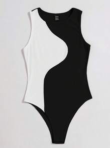 SHEIN LUNE 拼色彩邊紋袖無連體衣 - 白色 - 查看 4