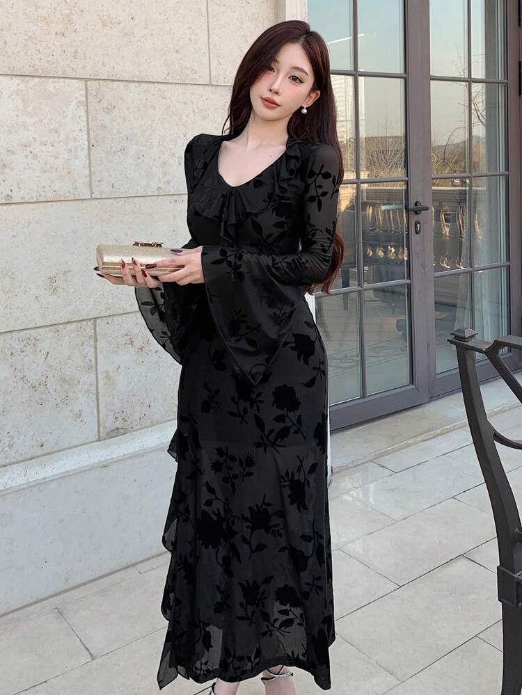 Flocked Jacquard V-Neck Ruffled Hem Flared Sleeve Side Slit Dress, Birthday Prom Dress,Fall Dress Long Sleeve Dress Elegant Women Dresses