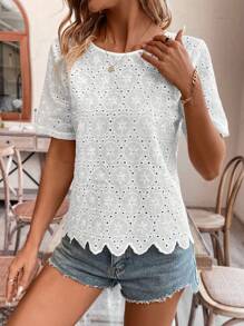 SHEIN Frenchy Vacation Summer Wedding Hollow Out Embroidered Round Neck Blouse White Casual - White - View 5
