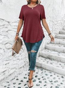 SHEIN Clasi Plus Size Button Detail Curved Hem T-Shirt - Burgundy - View 7