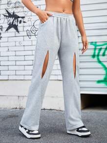 Streetz SHEIN Sport Pantalones De Jogging Con Cintura Elástica Y Detalles Rasgados - Gris Claro - Ver 4