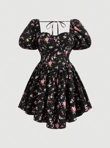 SHEIN MOD Plus Size Puff Short Sleeve Floral Print Dress - Black - View 1