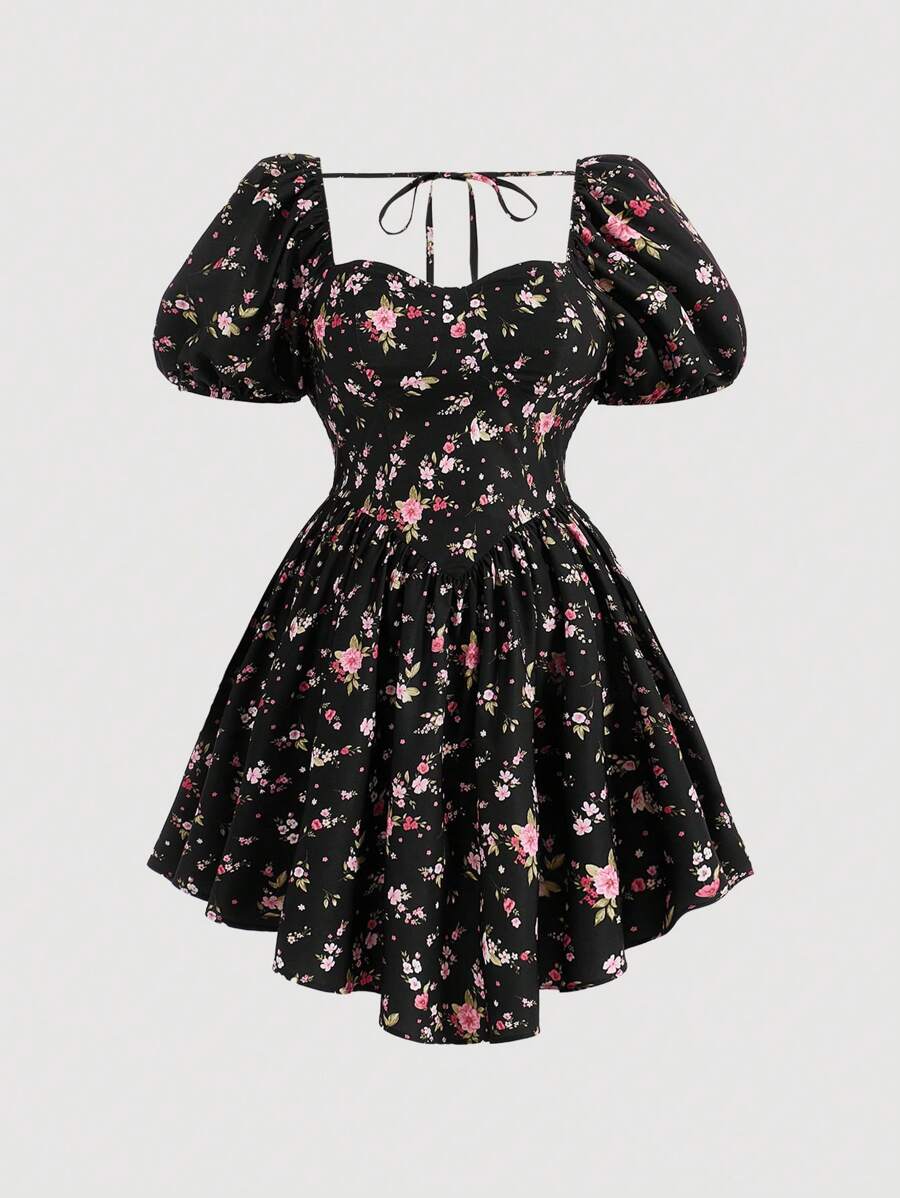 SHEIN MOD Plus Size Puff Short Sleeve Floral Print Dress - Black - View 1