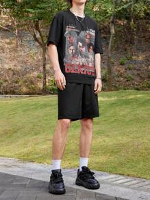 Manfinity VCAY Men's Personalized Knitted Portrait & Letter Pattern Short Sleeve T-Shirt And Woven Shorts 2pcs Suit - Black - View 5