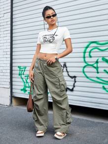 SHEIN Sports Floral And Letter Pattern Cropped Sports T-Shirts