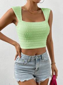 SHEIN Essnce Của phụ nữ Kết cấu Top Cây trồng - Màu xanh chanh - Xem 3
