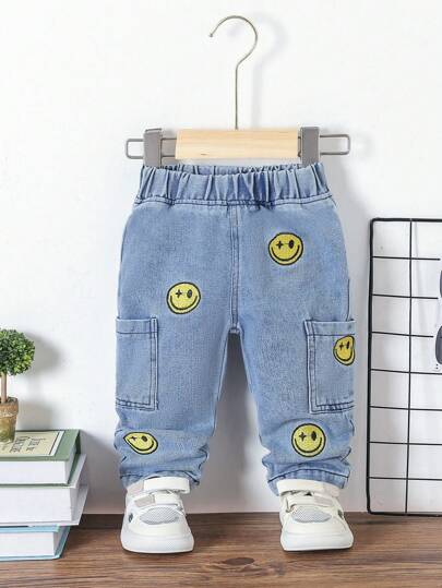 Baby Boy's Casual Cute Cartoon Face Denim Pants