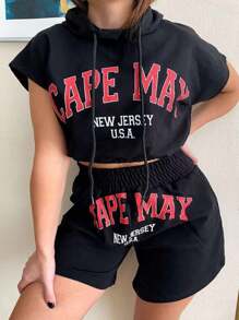 Flirla Plus Size Women'S Letter Printed Short Sleeve Hooded T-Shirt And Shorts Set