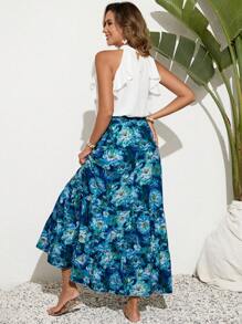 SHEIN VCAY Women's Solid Color Ruffled Neck Halter Top And Flower Printed Skirt Set - Multicolor - View 2