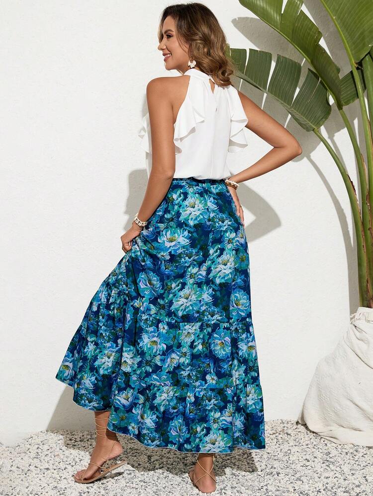 Women's Solid Color Ruffled Neck Halter Top And Flower Printed Skirt Set