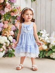 Baby Girl's Blue Checked Lace Trimmed Dress With Bowknot, Cute, Suitable For Daily Wear And Leisure In Spring And Summer
