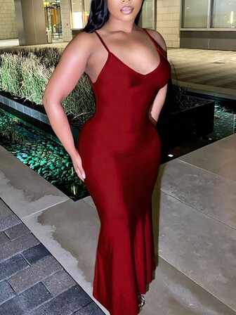 Women's Solid Color Backless Spaghetti Strap Elegant Red Party Dress