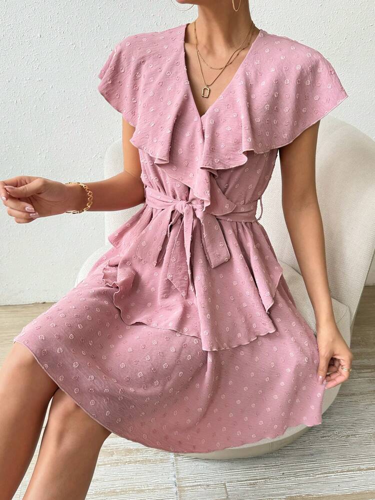 Women's V-Neck Ruffle Edge Tie Waist Dress