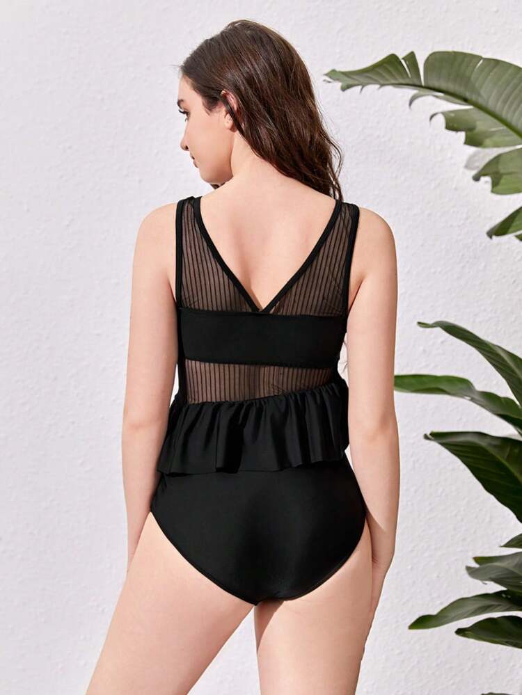 Teenage Girl's Stylish Bikini Set With Mesh Panels And Ruffle Trim