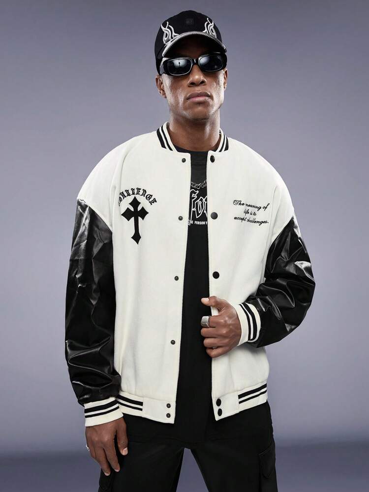 1pc Slogan Graphic Striped Trim Drop Shoulder Oversized Varsity Jacket, For Fall Winter