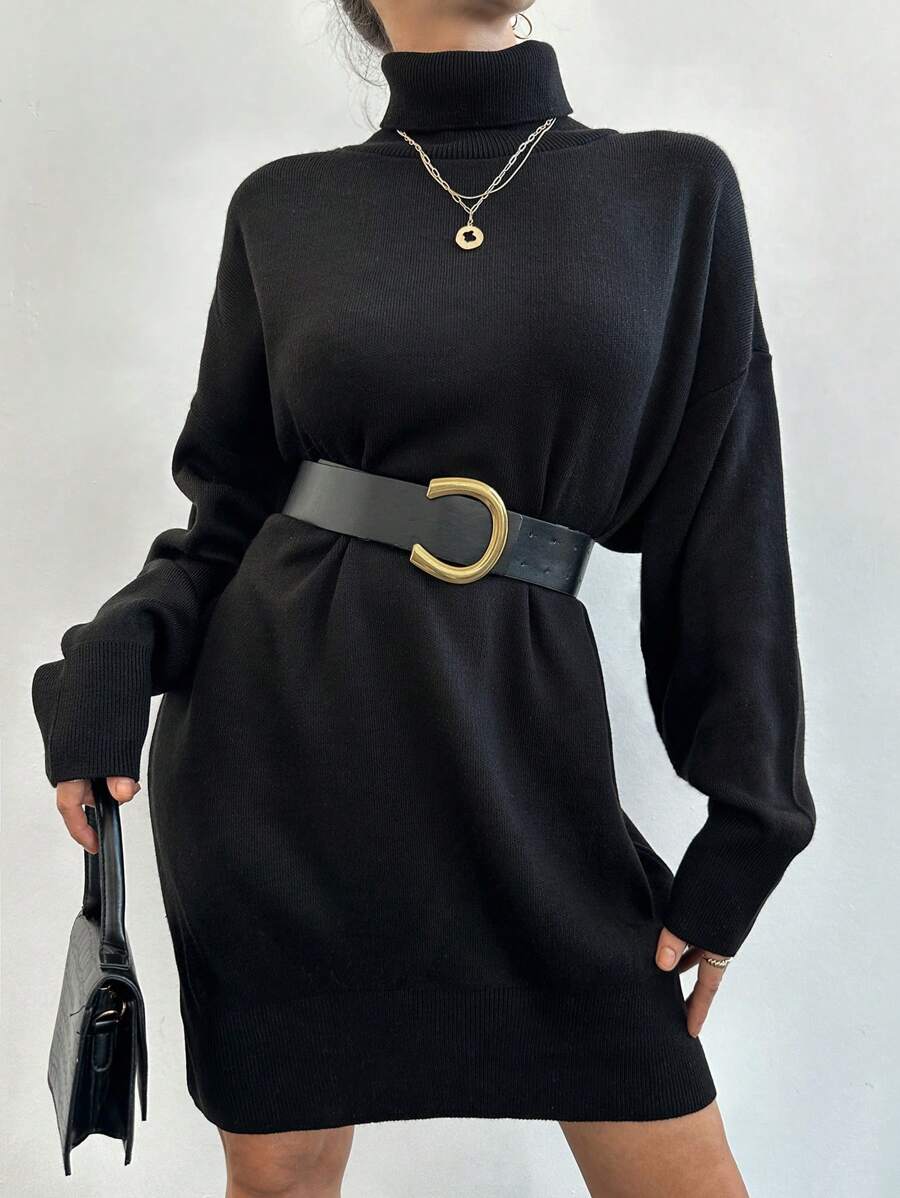 EURMUSE Turtleneck Drop Shoulder Sweater Dress Without Belt - Black - View 1