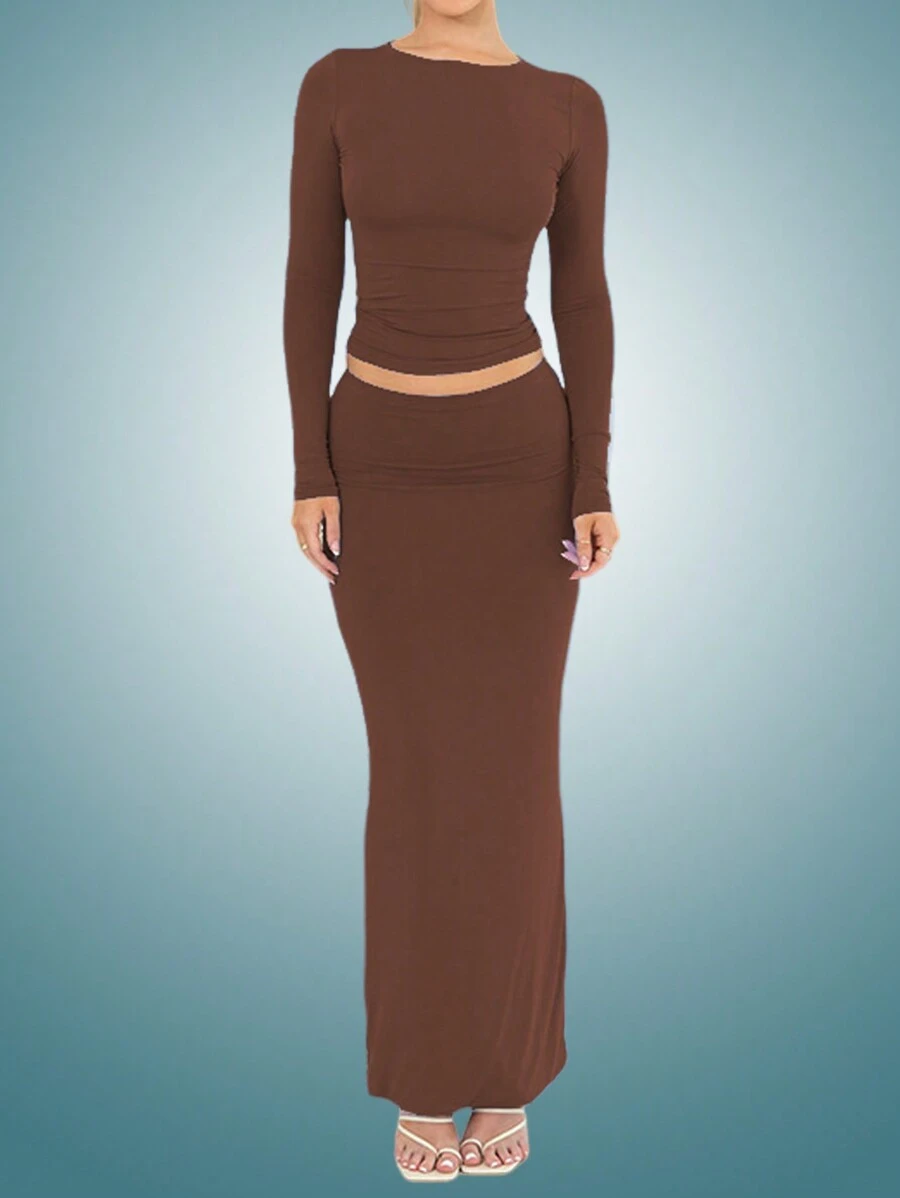 INAWLY 女款純色圓領長袖t卹+魚尾裙兩件套 - 咖啡棕 - 查看 1