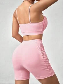 SHEIN Unity 纯色褶皱修身背心和短裤两件套 - 粉色 - 查看 2