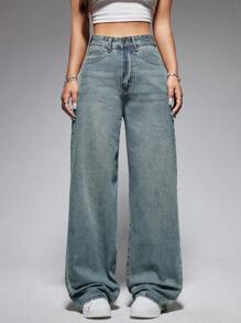 Jeanoix Washed Wide-Leg Jeans With Slanted Pockets Baggy Jeans Y2k
