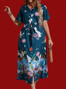 SHEIN LUNE Plus Size Women'S Floral Printed Button Front Dress - Green - View 3