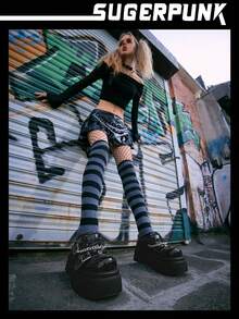 Sugerpunk Rock Phong cách Màu bạc Chuỗi Gothic Thời trang Dày Đế Giày dép - màu đen - Xem 6