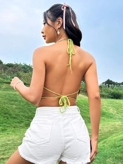 Flirla ハイネック シンプルニット タンクトップ バックレスストライプ柄
