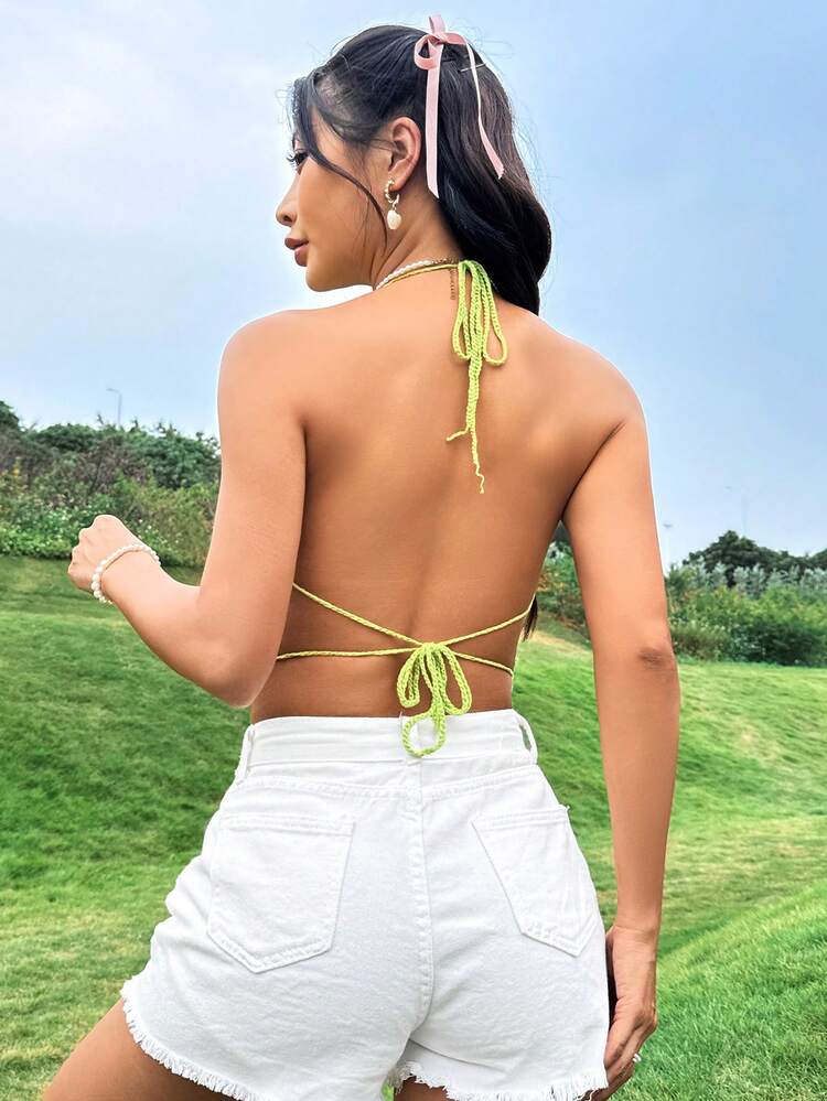 Stripped Backless Knit Top With Halter Neckline