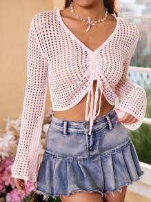 SHEIN Qutie 女士镂空长袖褶皱毛衣 - 藕粉色 - 查看 6