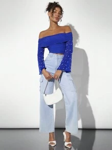 SHEIN BAE Women's Beaded Pearl Detail Off Shoulder Crop Top - Royal Blue - View 3