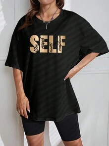 SHEIN EZwear Quý cô Vòng cổ Áo thun Với In thư - màu đen - Xem 5