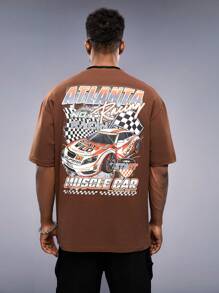 Manfinity RebelGame Oversized Men's Car & Letter Graphic Drop Shoulder T-Shirt - Brown - View 1