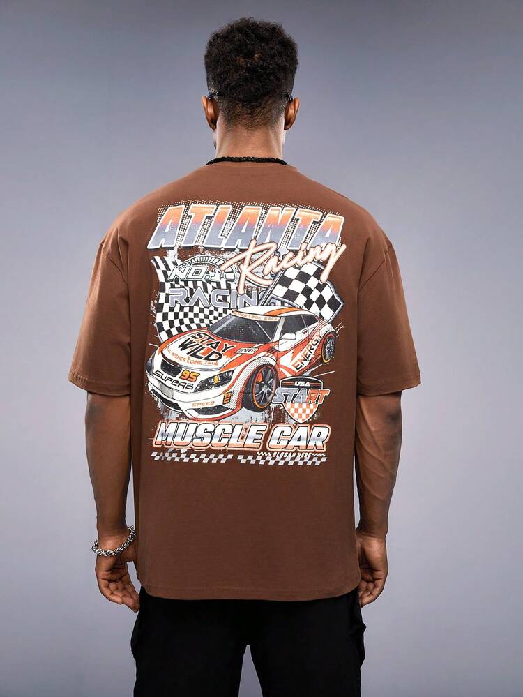 Oversized Men's Car & Letter Graphic Drop Shoulder T-Shirt