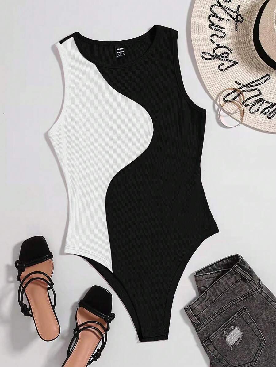 SHEIN LUNE 拼色彩邊紋袖無連體衣 - 白色 - 查看 1