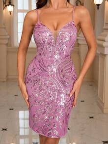 Women's Sequin Backless Spaghetti Strap Mini Dress - Pink - View 7