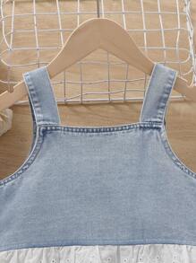 Tween Girls' Casual Vacation Light Blue Washed Denim Lace Trim Spaghetti Strap Top And Elastic Waist Wide Leg Jeans Set
