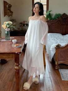 DAZY Lace Patchwork Sheer Mesh Pleated Nightgown With Cut-Out Shoulders Summer Pajama, Moo Moo
