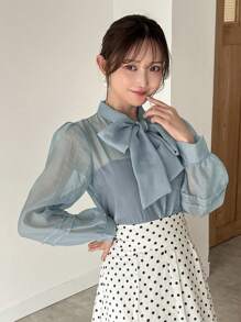 FRIFUL 女式超大领结透视衬衫 - 淺藍色 - 查看 4