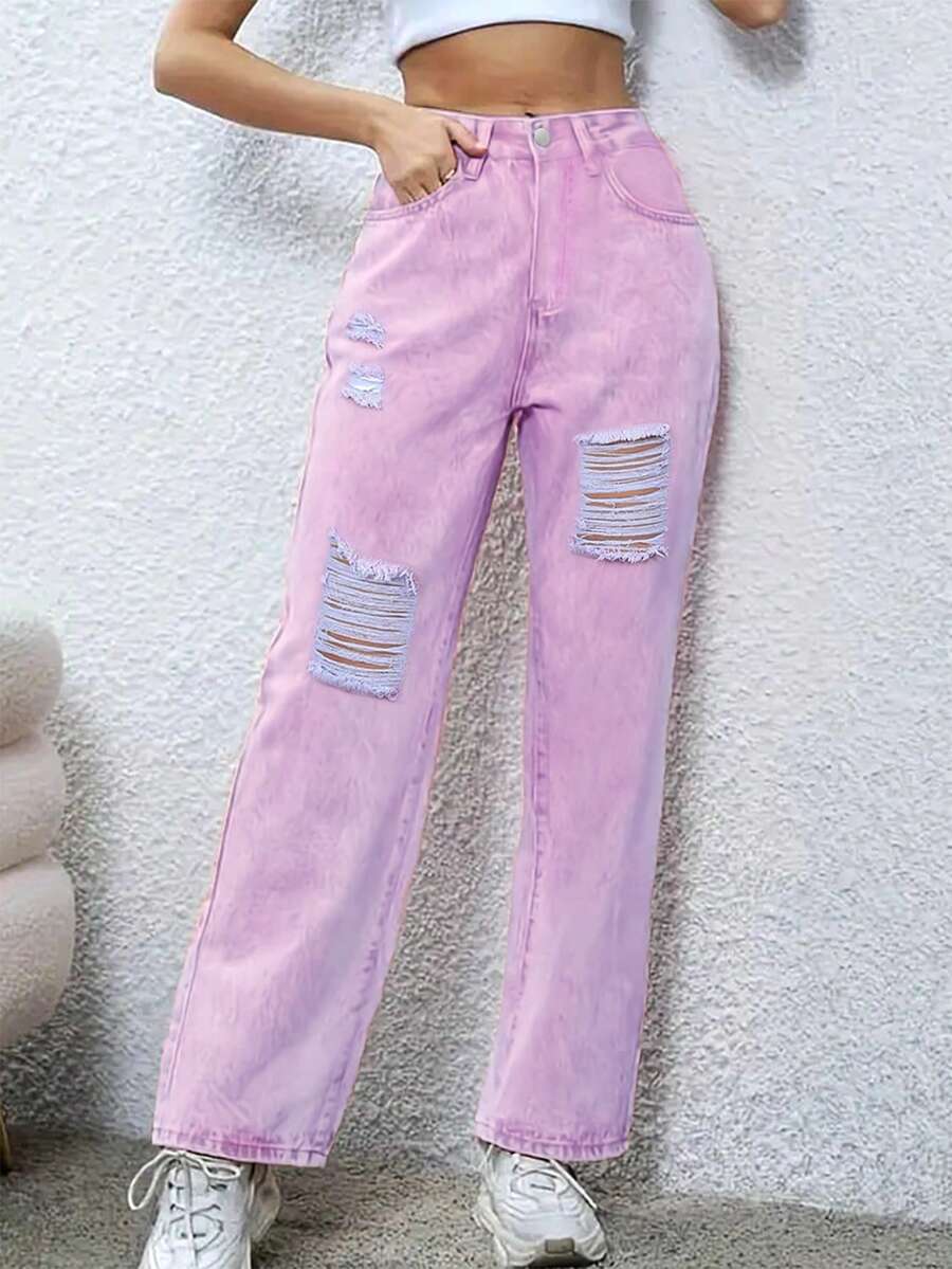 Pantalones De Pierna Recta De Mezclilla Desgastados Coloridos Para Mujer - Rosa Pálido - Ver 1