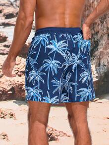Manfinity Shorts De Playa Para Hombre Impreso Con Árboles De Coco Y Bolsillos Diagonales - Azul - Ver 2