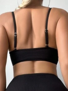 Swim SXY Summer Beach Ladies' Ribbed Ruched Two Pieces Bikini Set - Black - View 3