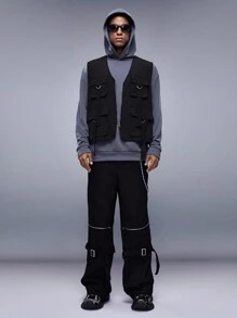 Manfinity VCAY Men Buckled Flap Pocket Zipper Vest Jacket - Black - View 6