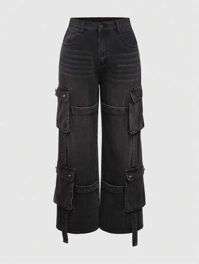 Grunge Punk Plus Size Women's Punk Style Streetwear Super Heavy Duty Cargo Pockets Relaxed Fit Straight Leg Black/Gray Washed Denim Pants, School