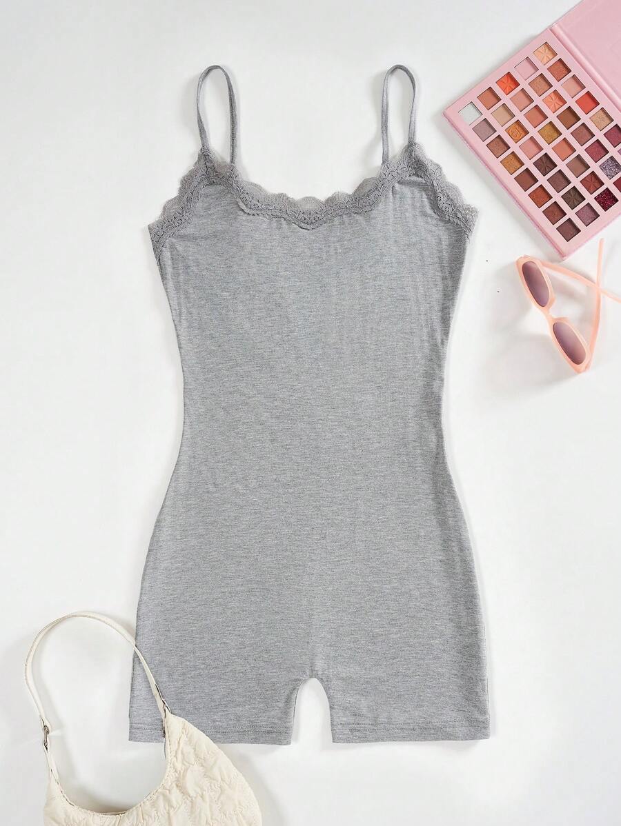 SHEIN EZwear 女士蕾絲修飾貼身肩帶連體短褲緊身背心套裝