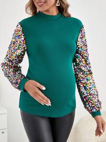 SHEIN Áo thun cổ đứng chắp vá lấp lánh cho bà bầu - Màu xanh lá cây đậm - Xem 5