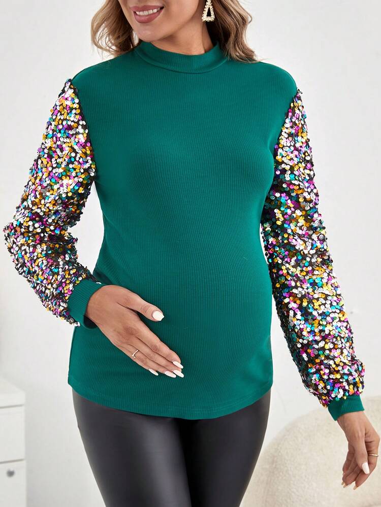 Pregnant Women's Sparkly Patchwork Stand Collar T-Shirt For Maternity