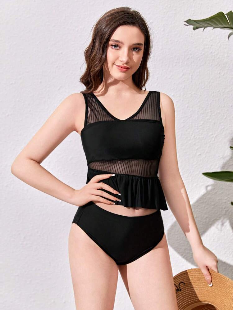 Teenage Girl's Stylish Bikini Set With Mesh Panels And Ruffle Trim