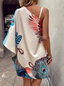 SHEIN Clasi 女性植物印花不對稱領直筒連身裙