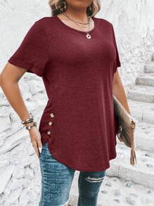 SHEIN Clasi Plus Size Button Detail Curved Hem T-Shirt - Burgundy - View 5