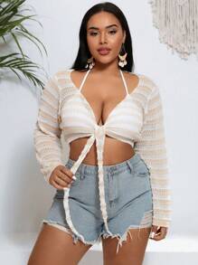 SHEIN Swim Curve Kimino Ukuran Plus Tie Back Dasi Depan Striped - Aprikot - View 4